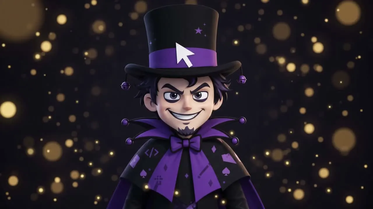Mago do SORA de cartola e capa roxa, sorrindo